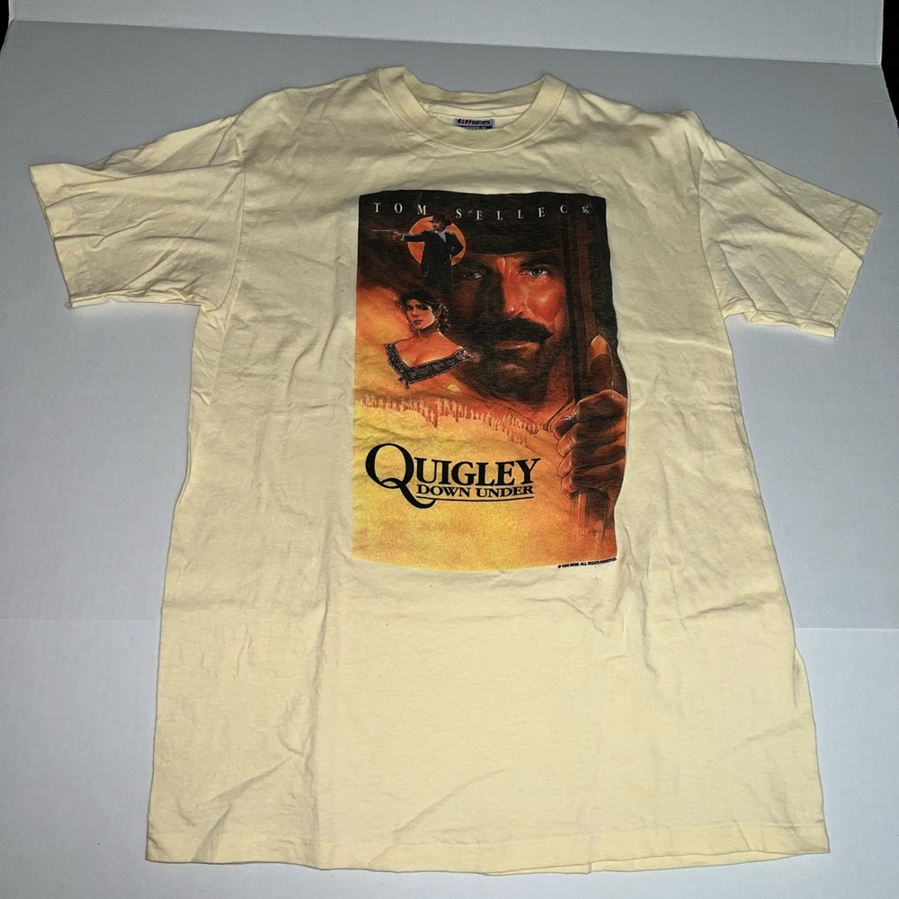 Vintage 1990 Quigley Down Under Movie Promo T Shirt NOS Large Beige Tom Selleck
